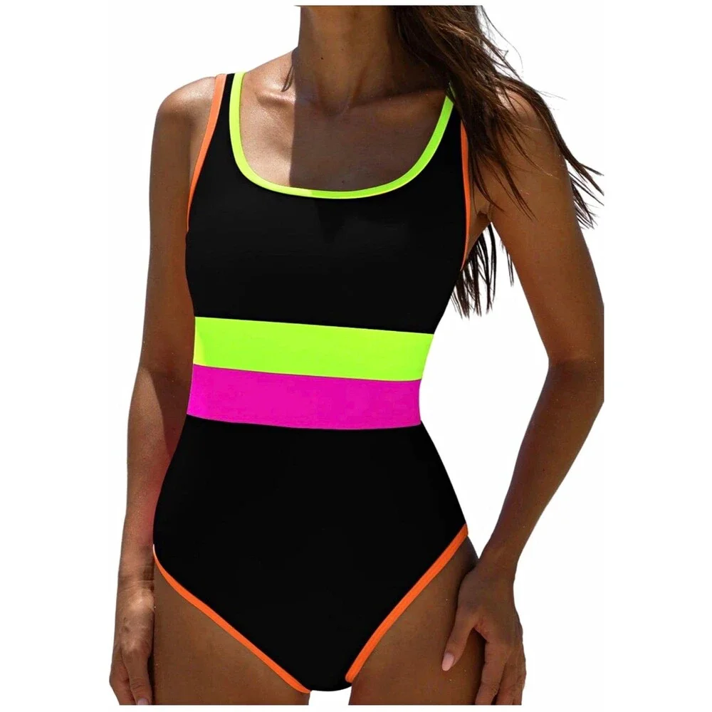 Popvil Women's Black Neon Colorblock One Piece Swimsuit Wide Straps, S